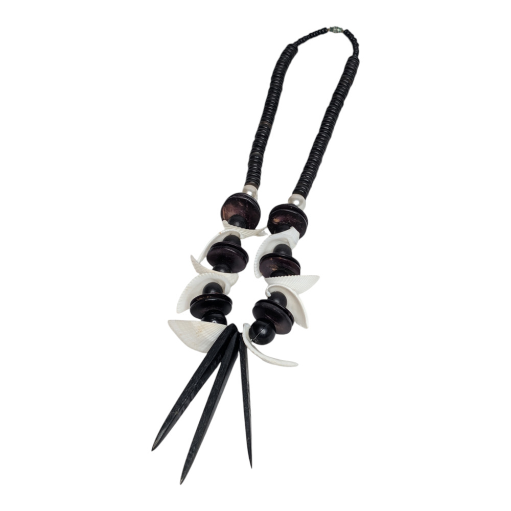 Tribal‎ Statement Necklace 15in Wood Shell Spike Beads Boho Ethnic Black White - Picture 2 of 7